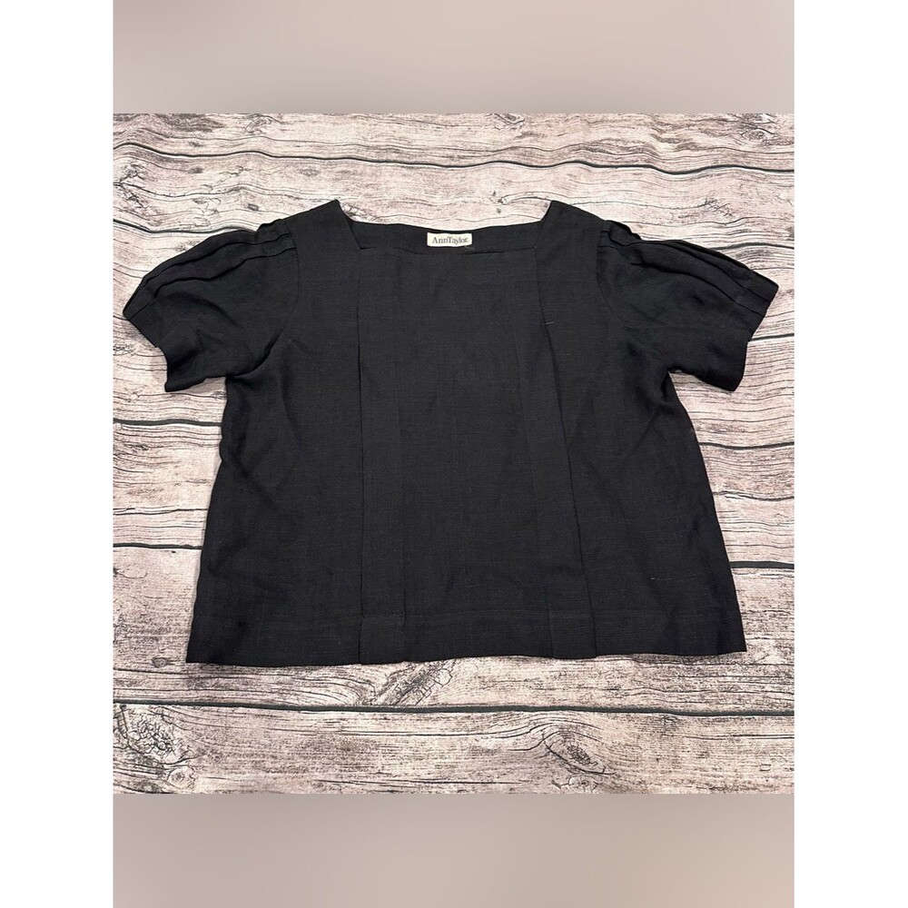 Vintage Ann Taylor Black Square-Neck Short Sleeve Linen Blend Popover Blouse 8